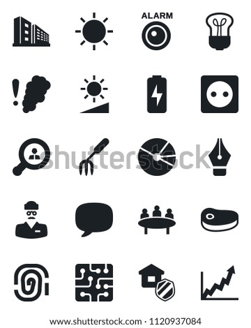 Set of vector isolated black icon - meeting vector, garden fork, sun, doctor, message, brightness, charge, pie graph, ink pen, office building, client search, estate insurance, steak, chip, socket