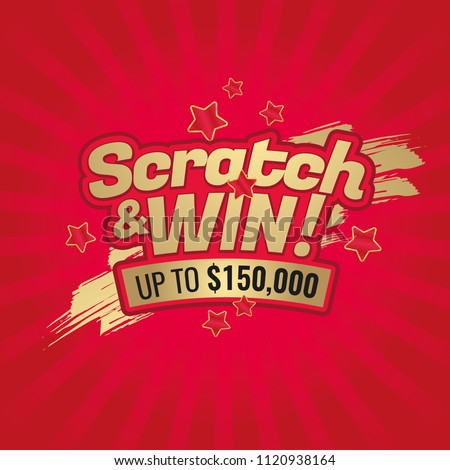 Scratch and win letters. Scratched effect background and stars. Place for prize. For tickets, signs, promotion announcements, banners. Golden colors letters. CMYK colors. Vector illustration Royalty-Free Stock Photo #1120938164