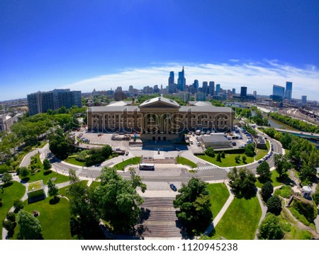 Aerial View of Philadelphia Skyline From Perspective of Schuylkill River in Fairmount Park On a Hot Summer's Day With Blue Skies and Minimal Clouds