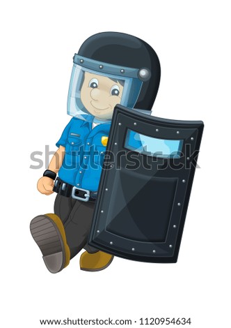 cartoon scene with happy policeman on duty holding bulletproof shield and helmet - on white background - illustration for children