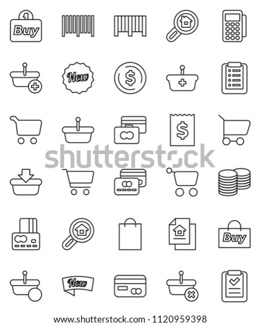 thin line vector icon set - dollar coin vector, cart, credit card, stack, receipt, estate document, search, new, shopping bag, buy, barcode, reader, basket, list