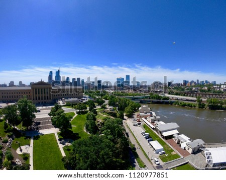 Aerial View of Philadelphia Skyline From Perspective of Schuylkill River in Fairmount Park On a Hot Summer's Day With Blue Skies and Minimal Clouds