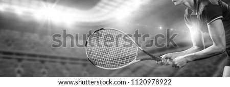 Digital composite of Black and white image of tennis player ready to play