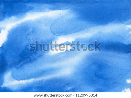 Hand painted blue watercolor background. Watercolor wash. Blue brush strokes background design isolated