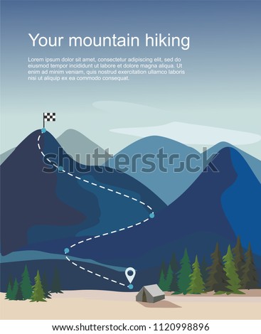 Hiking route infographic. Layers of mountain landscape with fir trees . Vector illustration Royalty-Free Stock Photo #1120998896
