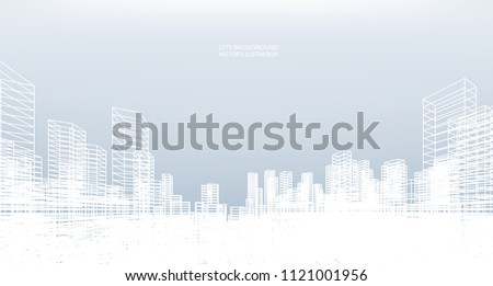 Abstract wireframe city background. Perspective 3D render of building wireframe. Vector illustration. Royalty-Free Stock Photo #1121001956
