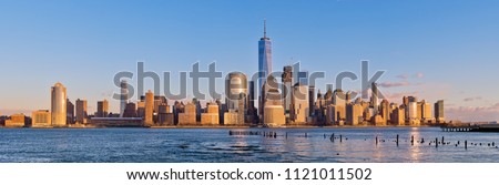 Downtown Manhattan skyline at sunset, New York City, USA