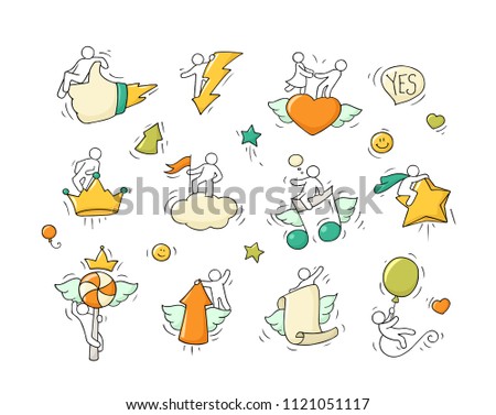 Cartoon set with lifestyle symbols. Comic hand drawn temlate with little people. Vector isolated on white background.