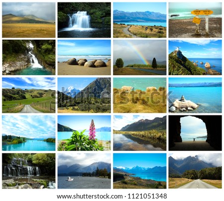 Collage from fabulous location in New Zealand on white background
