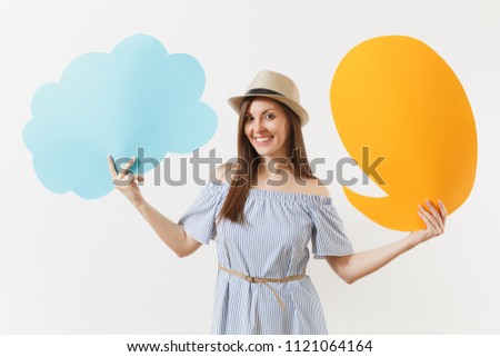 Young tender elegant charming woman in blue dress, hat with empty blank Say cloud, speech bubble isolated on white background. People sincere emotions, lifestyle concept. Advertising area. Copy space