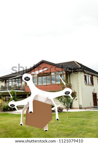 Digital composite of Drone flying by house with delivery parcel box