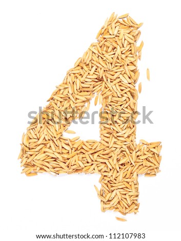 4, number, alphabet,Letter from Paddy rice on white