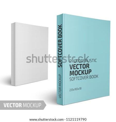 White vertical softcover book. Photo-realistic vector mockup template with sample design. Vector 3d illustration. Royalty-Free Stock Photo #1121119790