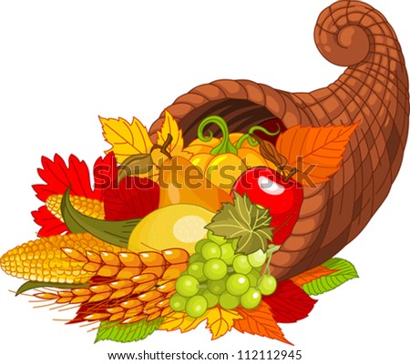 Illustration of a Thanksgiving cornucopia full of harvest fruits and vegetables.