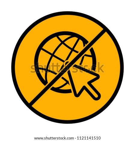 Globe and arrow icon. not allowed, black object in warning sign with orange background color
