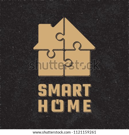 Smart Home Inverted Creative Logo Lettering with 4 Pieces Puzzle for Home Automation and Internet of Things - Beige Puzzle Pieces House on Black Rough Paper Background - Vector Contrast Graphic Design