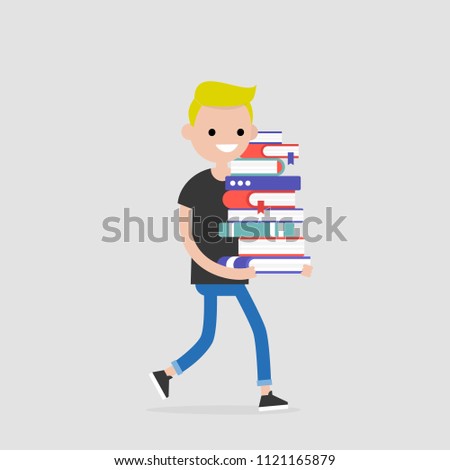 Education. Exam preparation. Smiling student holding a pile of books. Flat editable vector illustration, clip art