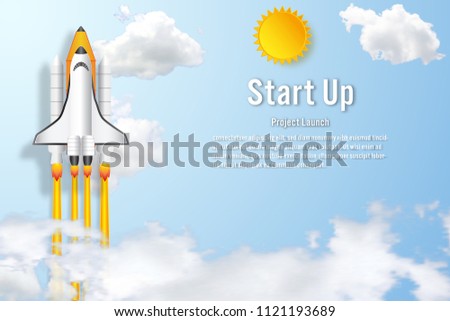 Rocket launch on the clouds and blue sky as paper art, craft style and business Startup project concept. flat design vector illustration.