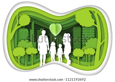 Carving design of city urban, father, mother, son and baby with green nature as happy family, quality of life, ecology idea, Paper cut art and craft style concept. vector illustration.