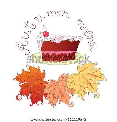 Autumn menu. Cherry  chocolate cake. Illustration.