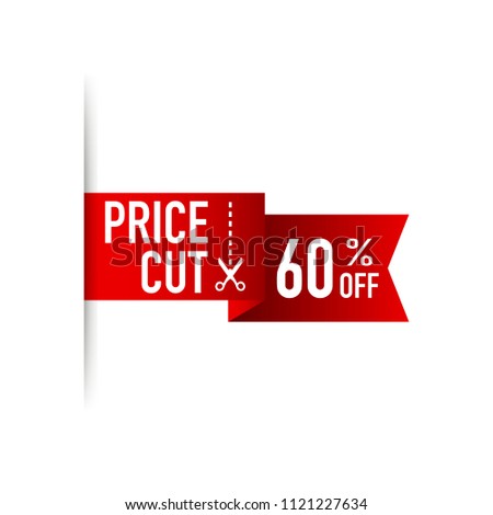 60% Off, Price Cut on red Ribbon. Vector stock illustration.