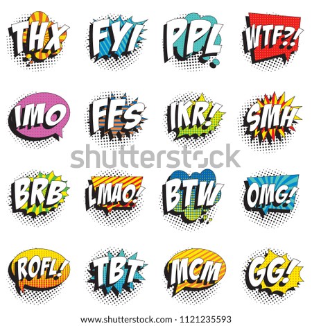 set of abbreviations in retro comic speech bubble with halftone dotted shadow