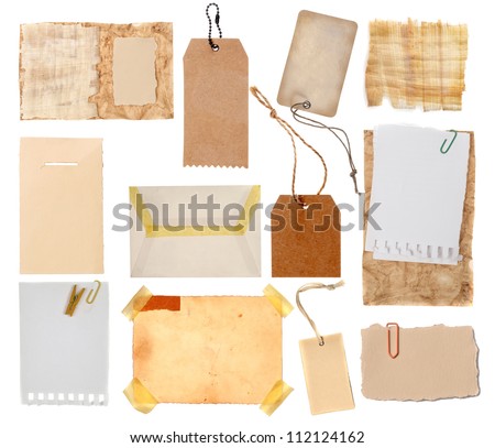Collection of various grunge paper pieces on white background.