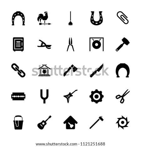Metal icon. collection of 25 metal filled icons such as horseshoe, paint bucket, scissors, horseshoe, garden tools, safe, guitar. editable metal icons for web and mobile.