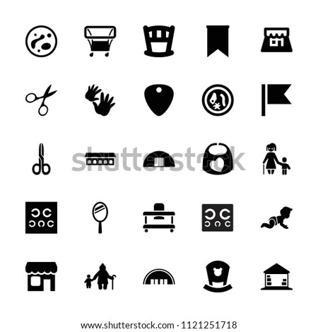 Small icon. collection of 25 small filled icons such as barn, manicure scissors, old woman and child, baby bed, eye test, shop, flag. editable small icons for web and mobile.