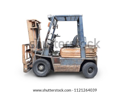 Forklift truck isolated on white background. Side view of yellow Fork hoist.Diesel counterbalance carriage. Warehouse equipment