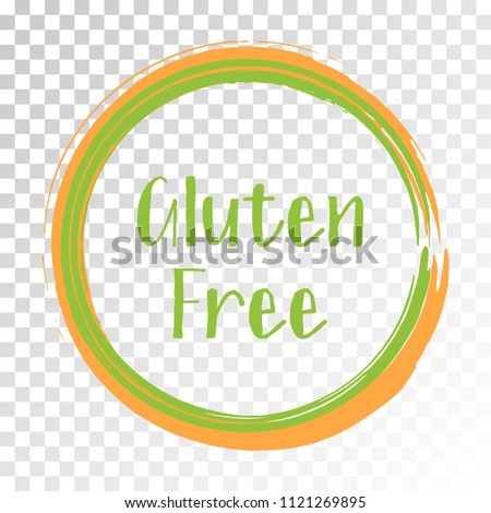 Gluten free label vector, painted round emblem icon for products free of gluten packaging, food pack. No gluten orange green sign in frame, tag circle stamp with border, logo shape label design.