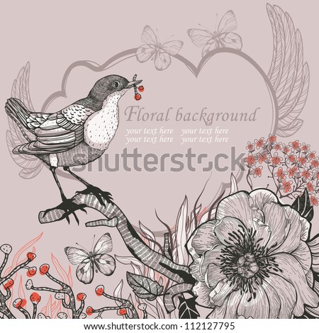 vector illustration of a little forest bird and blooming wild flowers