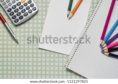 office and business colorful accessories on textured background with pattern
