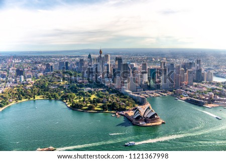 Aerial view of Sydney Harbor and Downtown Skyline, Australia.