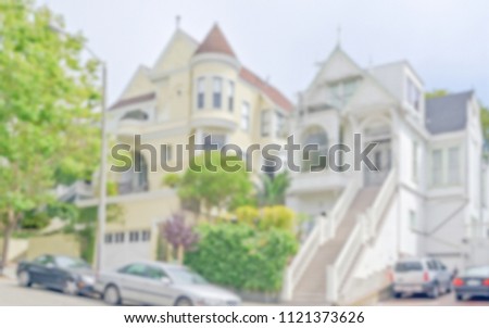 Defocused background of Victorian Houses in San Francisco, USA. Intentionally blurred post production for bokeh effect