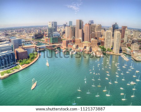 Boston, Massachusetts Skyline from above by Drone during Summer Time Royalty-Free Stock Photo #1121373887