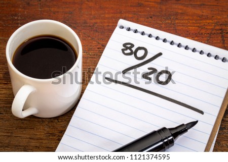 Pareto principle or eighty-twenty rule represented in a notebook with a cup of coffee - a reminder or advice Royalty-Free Stock Photo #1121374595