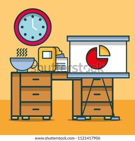 chart on board report file paper coffee cup clock desk furniture office