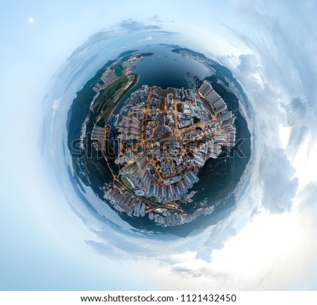 Panorama image of Tseung Kwan O City in Hong Kong from aerial view 