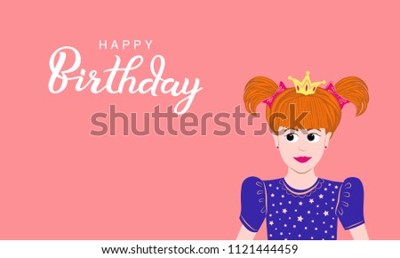 Illustration of beautiful red haired princess in blue dress with crown on her head, pink background. Hand drawn design vector Happy Birthday greeting card, typography poster.