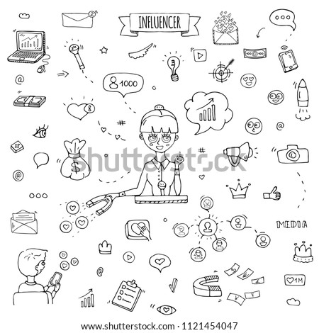 Hand drawn doodle set of Influencer icons. Vector illustration set. Cartoon marketing symbols. Sketchy elements collection: laptop, network, mail, followers, people, money, magnet, blogger, leader