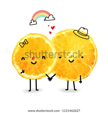 Cute Orange Fruit Character Couple Falling in love Water Color Image