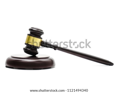 Law isolated court judgement concept justice symbol brown color dark black wood hammer on white background