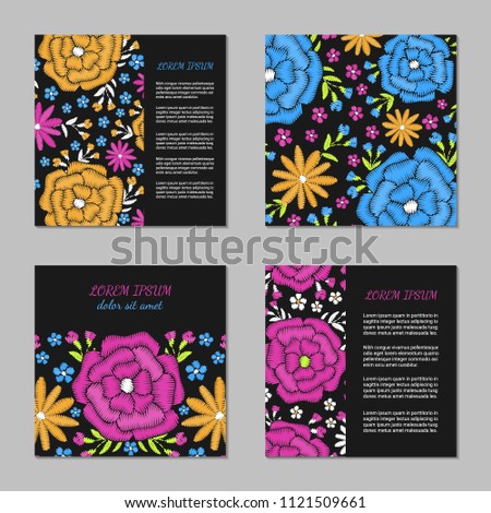 Embroidery style flyer with bright colorful flower and leaf pattern. Ethnic ornamental blanks. Rustic design ornament brochures. EPS 10 vector. Clipping masks