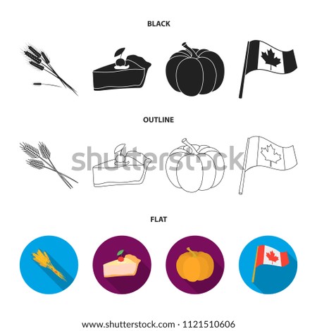Spike of wheat, a piece of pie with cranberries, pumpkin, national flag.Canada thanksgiving day set collection icons in black,flat,outline style bitmap symbol stock illustration web.