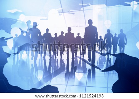 Creative walking crowd silhouettes background. Meeting, teamwork and future concept. Double exposure 