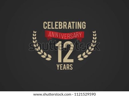 12 Years Anniversary logotype with golden colored font numbers, with ribbon and laurel, isolated on black background for company celebration event, birthday
