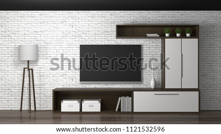 Mock up Template Tv wood cabinet in modern empty room interior background  3d illustration home designs,background shelves and books on the desk in front of White brick wall loft style