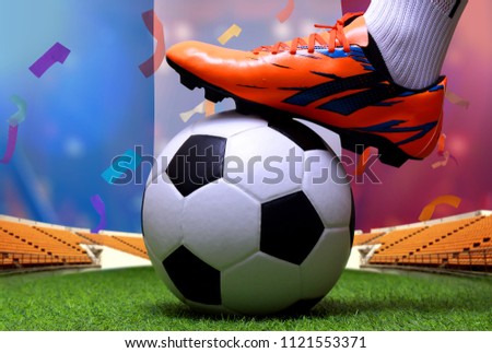 Close up legs and feet of soccer player or football player walk on green grass ready to play match on national France flag background.