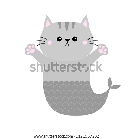 Gray cat mermaid fish tail Kitten ready for a hugging. Open hand pink paw print. Kitty reaching for a hug. Funny Kawaii baby animal. Cute cartoon character. Pet collection Flat White background